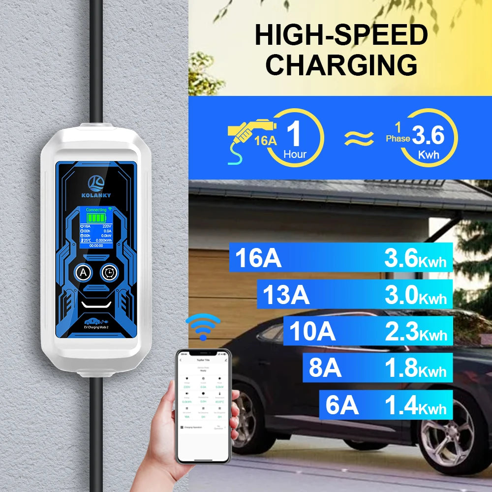 EV Charger 3.6KW 16A 1Phase Portable Type2 Plug Fast Charging Box 5m Cable Adjust Current for Electric Car Charging Station