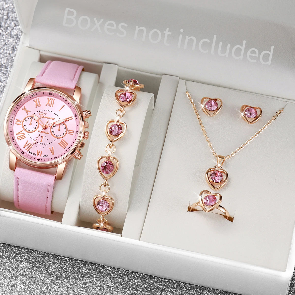 5/6 Stück modische Damen-Quarzuhren mit Lederarmband, analoge Armbanduhren, Herz-Strass-Schmuckset (ohne Box)