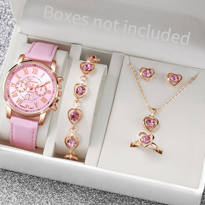 5/6 Stück modische Damen-Quarzuhren mit Lederarmband, analoge Armbanduhren, Herz-Strass-Schmuckset (ohne Box)