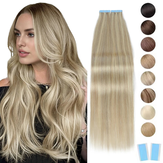 MRSHAIR Tape in Hair Extensions Human Hair Blonde Seamless Tape Hair Extensions 4x0.8cm Skin Weft PU Tape On Hair 20PCS 12"-24"