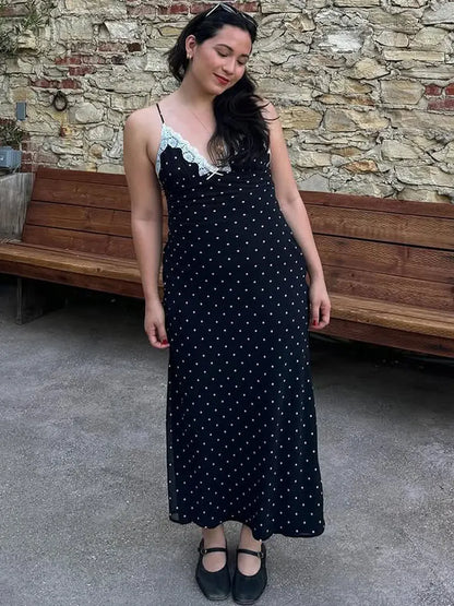 Lace V-Neck Patchwork Maxi Dress Women Backless High Waist Slim Spaghetti Contrast Party Dress Female Spring Long Dress Hot Sale