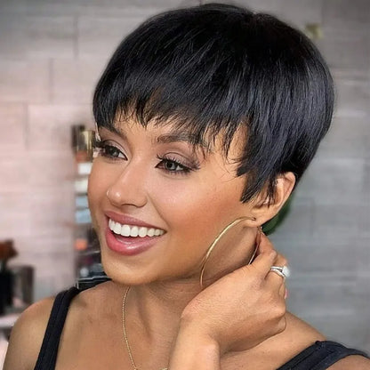 Newmi Pixie Cut Wig Human Hair Wigs Full Machine Wigs Brazilian 100% Human Hair Short Wigs with Bangs for Women Natural Black