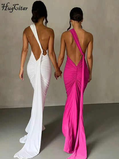 Hugcitar One Shoulder Backless Adjustable Scarf Loop Rüschen Sexy Maxikleid Damen Elegant Y2K Streetwear Festival Outfit