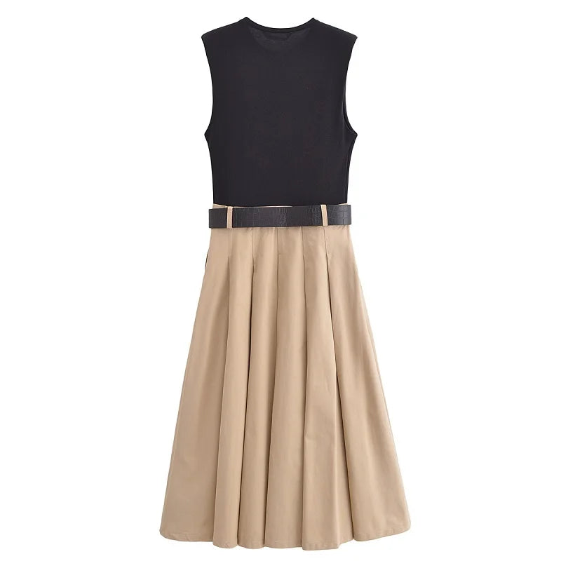 DAMEN 2025 Damenkleider Gürtel Faltenrock Midi-Kleid Damen Ärmelloses Sommerkleid Damen Gestrickte Partykleider für Damen Sonnenkleid