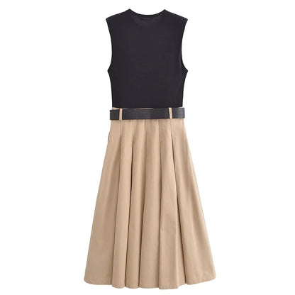 DAMEN 2025 Damenkleider Gürtel Faltenrock Midi-Kleid Damen Ärmelloses Sommerkleid Damen Gestrickte Partykleider für Damen Sonnenkleid