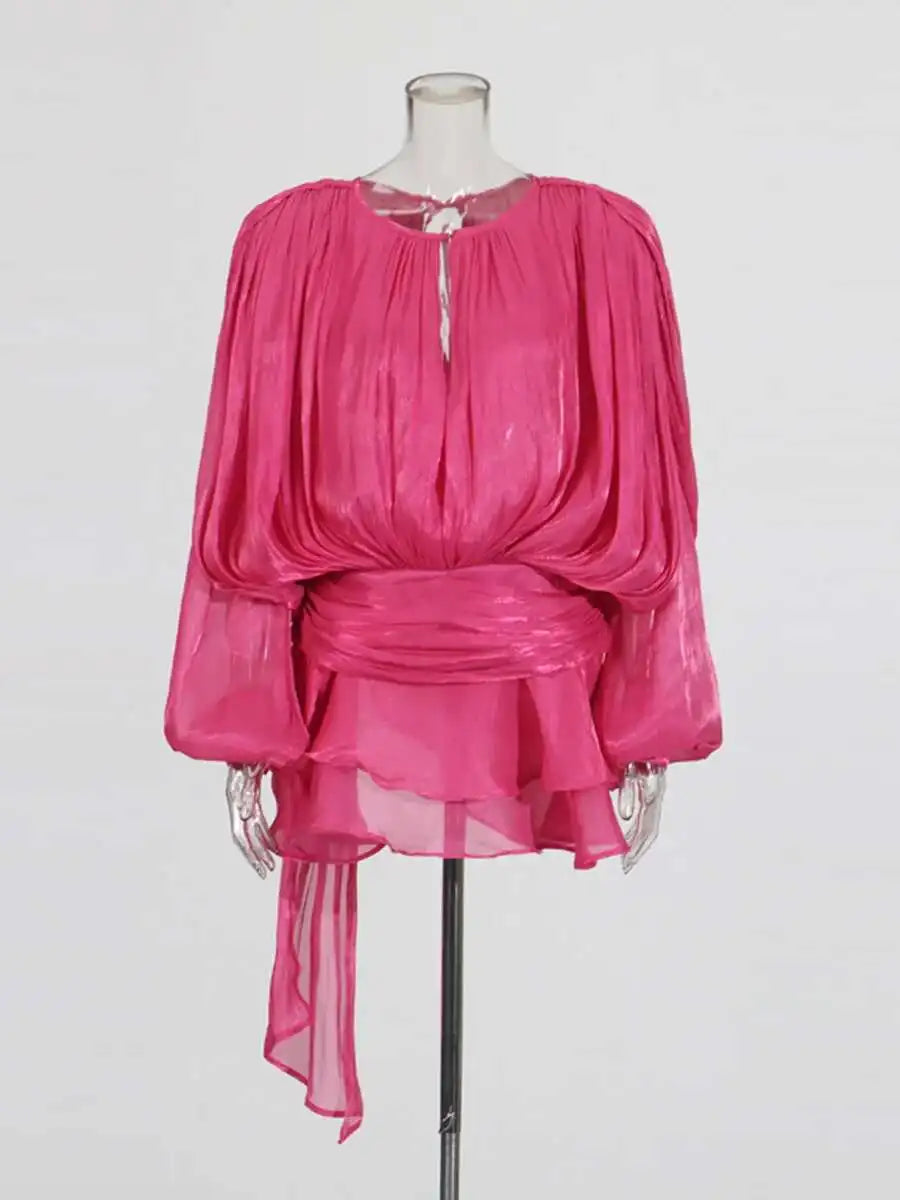 TWOTWINSTYLE Solid Bluse Minikleider für Frauen V-Ausschnitt Langarm Gespleißt Geschnürt Süßer Stil Kleid Weibliche Kleidung Mode