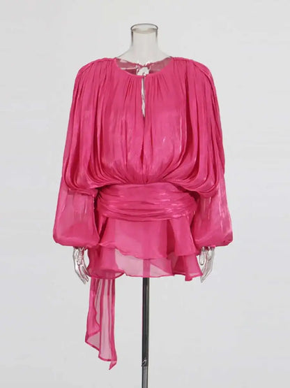 TWOTWINSTYLE Solid Bluse Minikleider für Frauen V-Ausschnitt Langarm Gespleißt Geschnürt Süßer Stil Kleid Weibliche Kleidung Mode