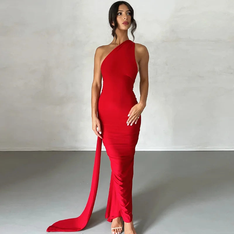 Hugcitar One Shoulder Backless Adjustable Scarf Loop Rüschen Sexy Maxikleid Damen Elegant Y2K Streetwear Festival Outfit