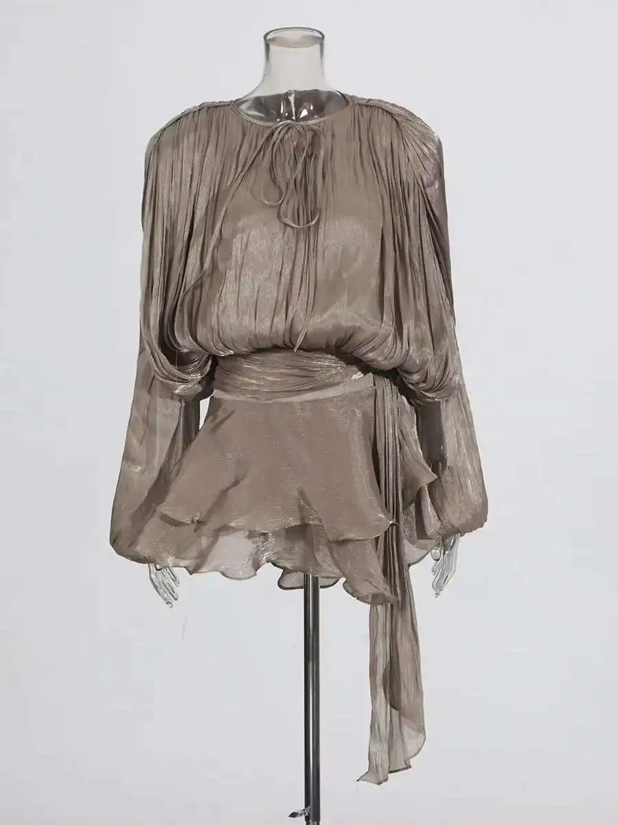 TWOTWINSTYLE Solid Bluse Minikleider für Frauen V-Ausschnitt Langarm Gespleißt Geschnürt Süßer Stil Kleid Weibliche Kleidung Mode