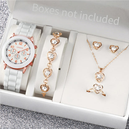 5/6PCS Damenarmbanduhren Mode Silikonarmband Damen Quarzuhr Schmuckset Reloj Mujer Mädchenuhr Geschenk (Ohne Box)