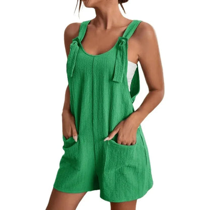 Damen Freizeit Sommer Kurze Playsuits Locker Overall Einfarbig Ärmellos Schnürung Weites Bein Hosen Tiefer Knoten Träger Jumpsuits mit Taschen