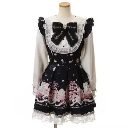 Japanese Gothic Lolita Dress Set Women Harajuku Y2k Bow Lace Ruffles Collar Mini Dresses Female Elegant Party Cute Dress