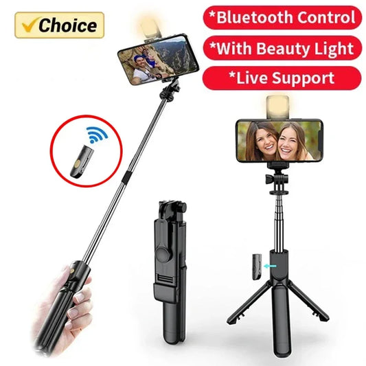 Kabelloser Selfie-Stick mit Stativ und Licht, Bluetooth-Fernbedienung, ausziehbar für iPhone, Handy, TikTok Live-Streaming