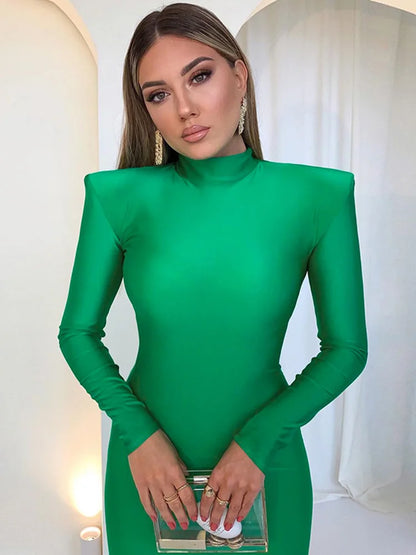 Schultergepolstertes, langärmeliges, eng anliegendes, grünes Party-Club-Maxikleid, lange Kleider, Frühling Herbst Damenmode Elegante Kleidung