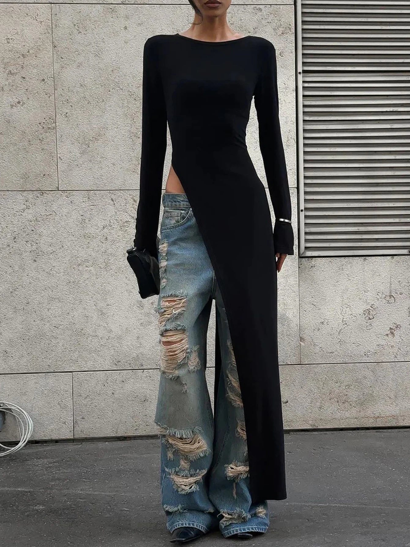 Dulzura Langarm Maxikleid mit hohem Seitenschlitz, einfarbig, sexy langes Kleid für Damen, Party, Club, Streetwear, Herbst-Winter-Outfit