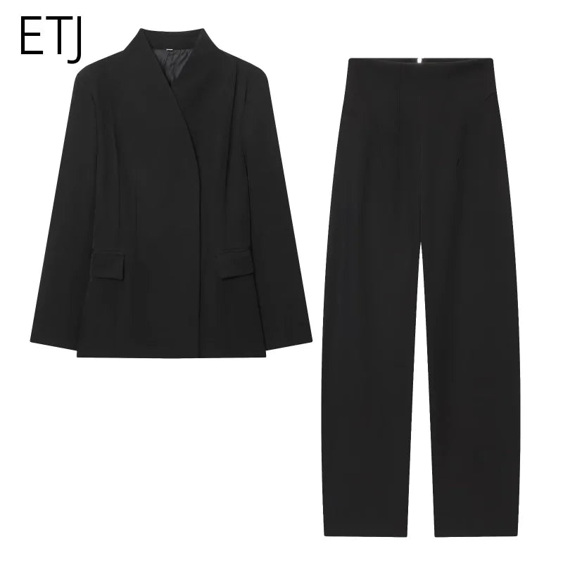 ETJ 2025 women's new fashion design three-dimensional cut high collar slim suit jacket & matching casual trousers