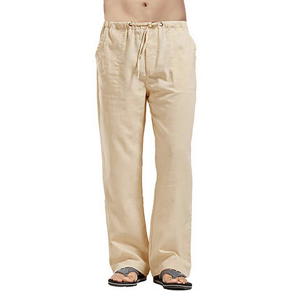 Men's Long Pants Lightweight Drawstring with Pockets Comfortable Straight Leg Casual Trousers for Summer Beach Wear