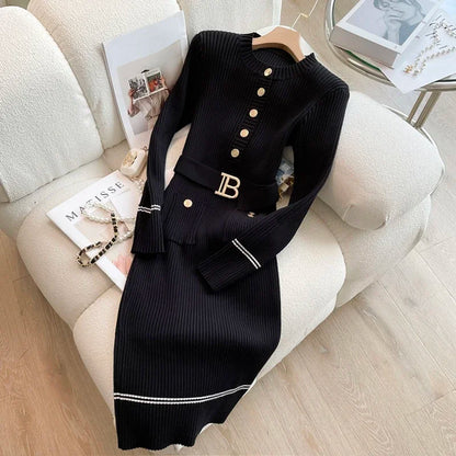 2024 Neue Herbst Winter Damen Strickkleid Marke Mode Rundhals Knöpfe Bodycon Pulloverkleid mit Gürtel Damen Business Kleid