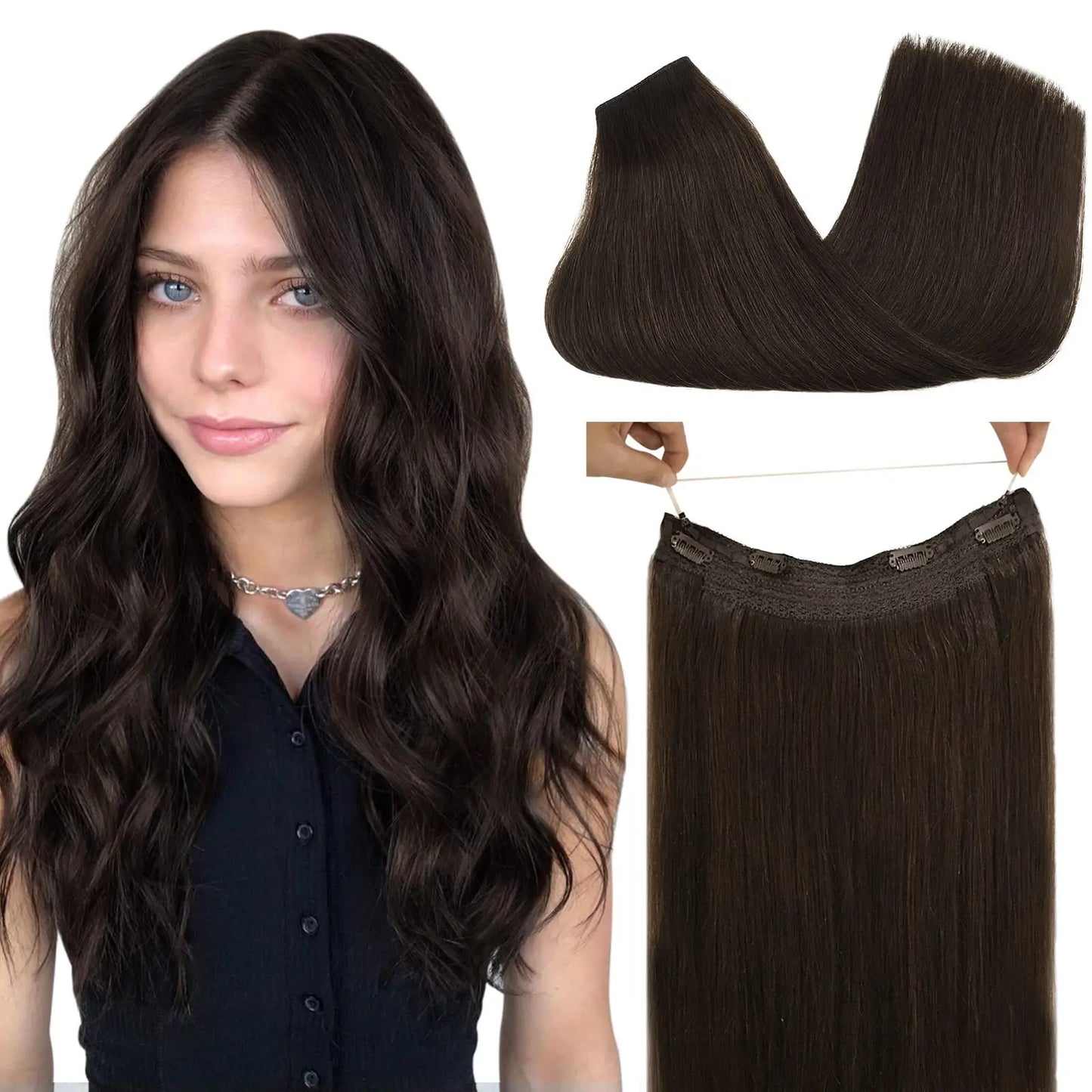 Sunmofavo Wire in Hair Extensions Human Hair Straight Fish Line Natural Fusion with 4 Clips Weft Hair Extensions For Women Daily