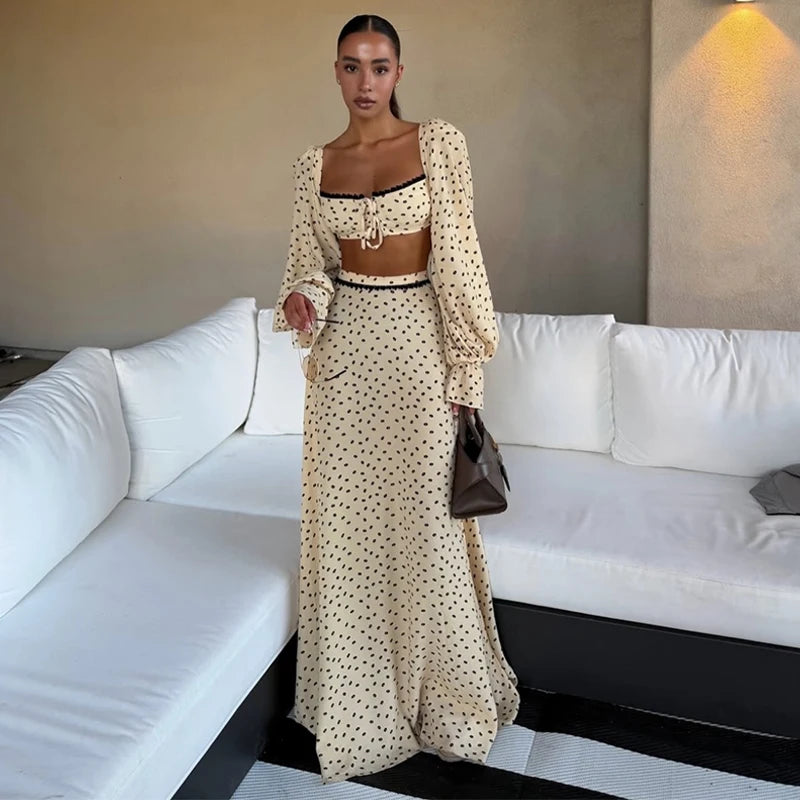 Polka Dot Puff Sleeve Crop Top & Maxi Skirt Set Square Neck Tie-Front 2026 Spring Summer Chic Romantic Women Vacation Vestido
