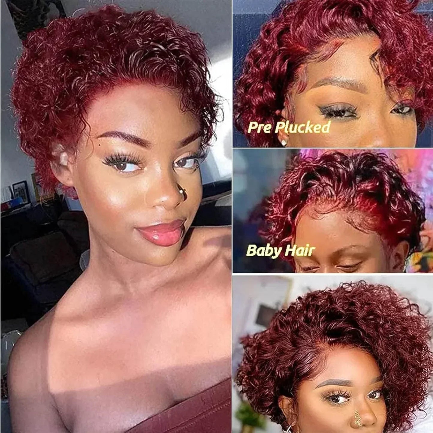 Brazilian Human Hair Wig  Curly Pixie Bob Short Preplucked Hairline 13X1 Hd Lace Front Bob Water Wave Wig