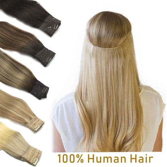 Sunmofavo Wire in Hair Extensions Human Hair Straight Fish Line Natural Fusion with 4 Clips Weft Hair Extensions For Women Daily