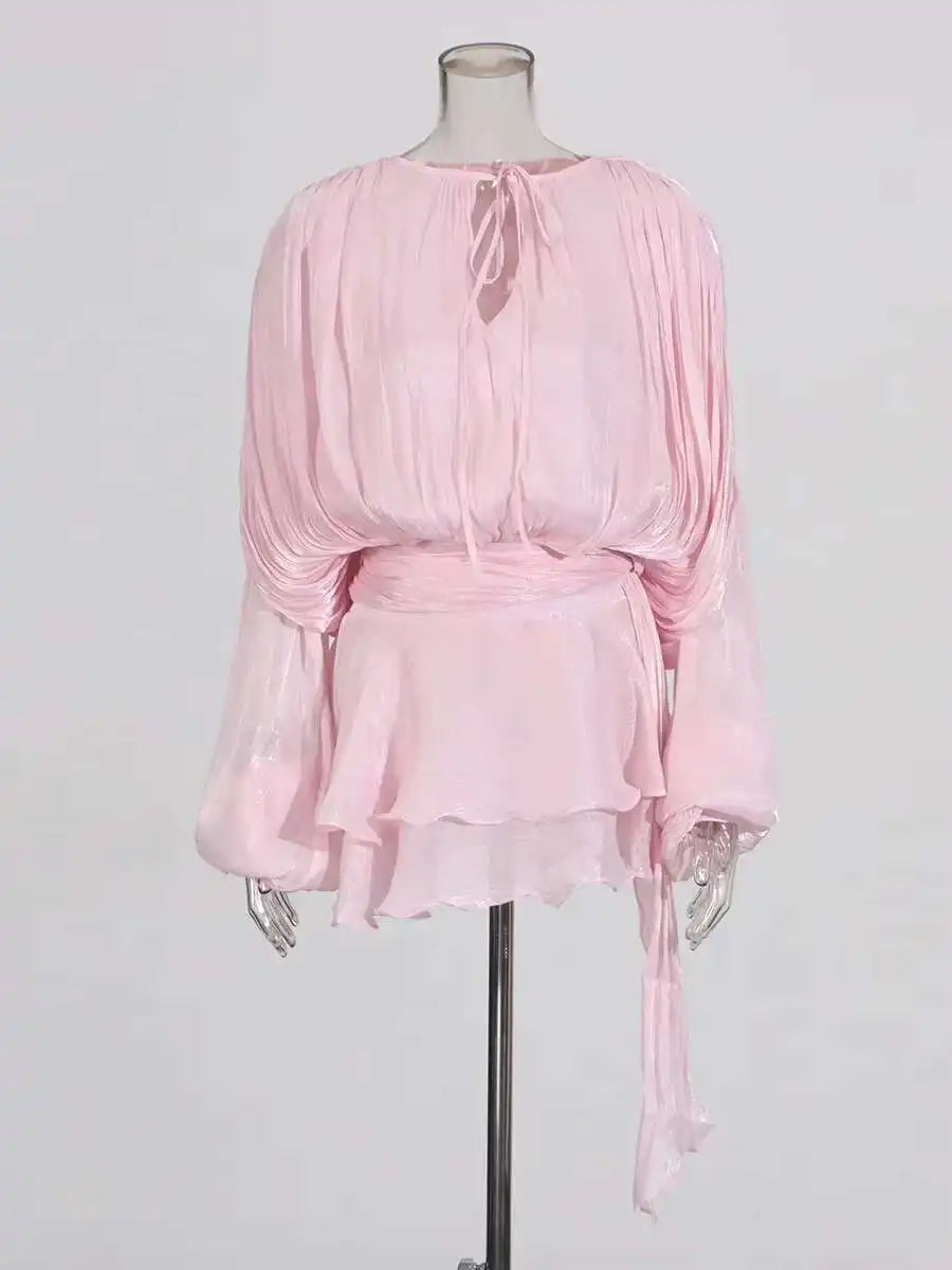 TWOTWINSTYLE Solid Bluse Minikleider für Frauen V-Ausschnitt Langarm Gespleißt Geschnürt Süßer Stil Kleid Weibliche Kleidung Mode