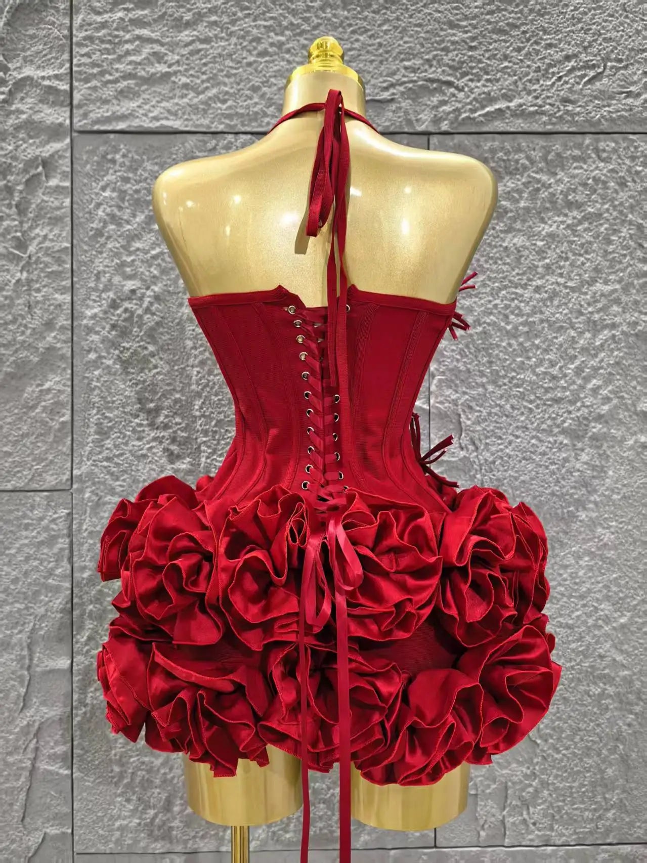 Rotes Damen Sexy Neckholder Komplett Blumenmuster 2-Teiler Bodycon Mini Bandage Kleid zum Feiern, für Nachtclubs, Partys, Geburtstage