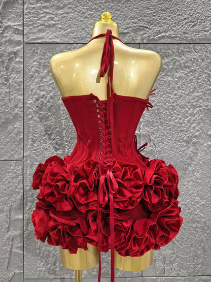 Rotes Damen Sexy Neckholder Komplett Blumenmuster 2-Teiler Bodycon Mini Bandage Kleid zum Feiern, für Nachtclubs, Partys, Geburtstage