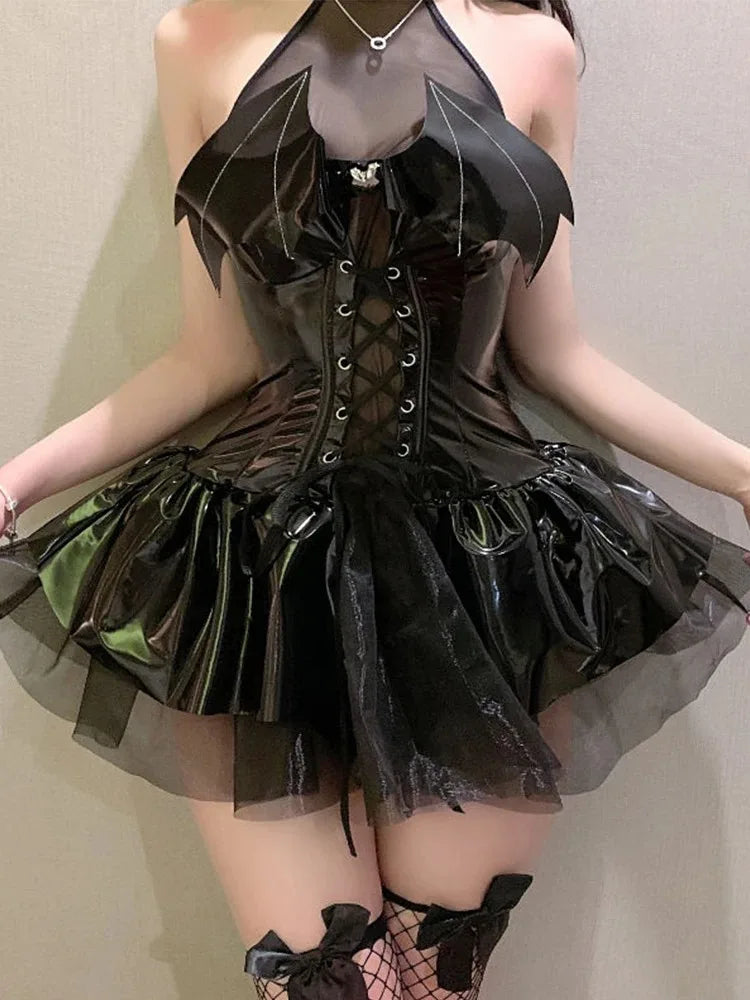 Sexy Cosplay PU-Kleid Damen Harajuku Streetwear Grunge Bandage Hollow Out Bats Dress Punk Y2k E-Girl Mall Gothic Kleidung