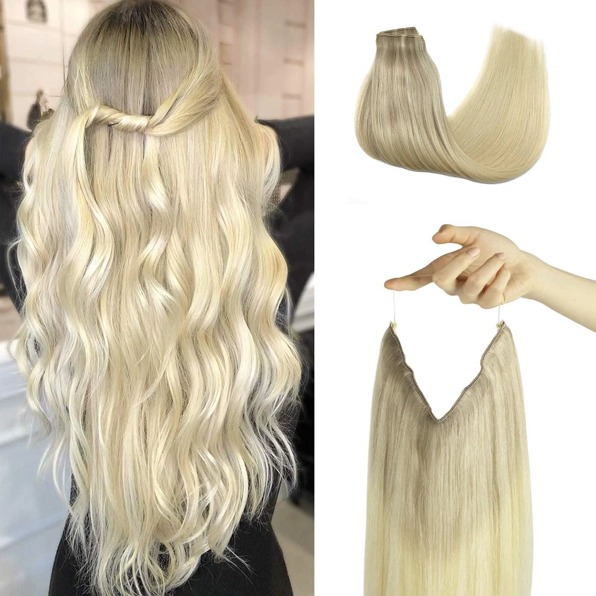 Sunmofavo Wire in Hair Extensions Human Hair Straight Fish Line Natural Fusion with 4 Clips Weft Hair Extensions For Women Daily