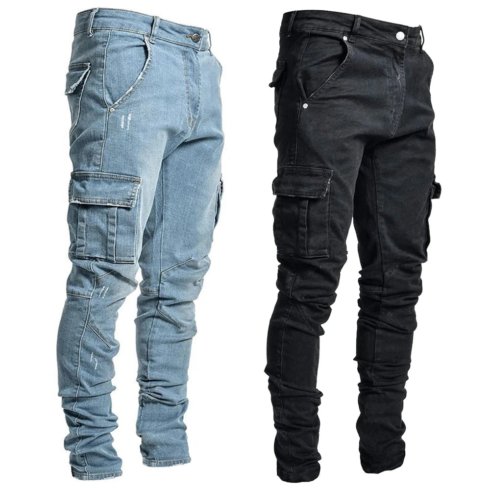 Street Elastische Jeans Herren Denim Cargo Hose Waschung Unifarben Multi Taschen Lässige Mittelhohe Taille Hose Schmale Passform Alltag Jogger