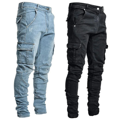 Street Elastische Jeans Herren Denim Cargo Hose Waschung Unifarben Multi Taschen Lässige Mittelhohe Taille Hose Schmale Passform Alltag Jogger