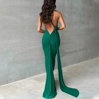 Hugcitar One Shoulder Backless Adjustable Scarf Loop Rüschen Sexy Maxikleid Damen Elegant Y2K Streetwear Festival Outfit