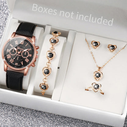 5/6 Stück modische Damen-Quarzuhren mit Lederarmband, analoge Armbanduhren, Herz-Strass-Schmuckset (ohne Box)