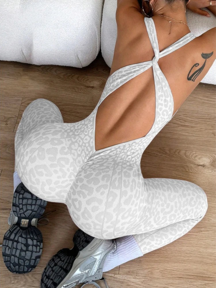 Sexy Leopard Print Sport-Jumpsuits für Damen V-Ausschnitt Rückfrei Yoga Bodysuit Weiblich Ärmellos Eng Gym Laufen Fitness Overalls