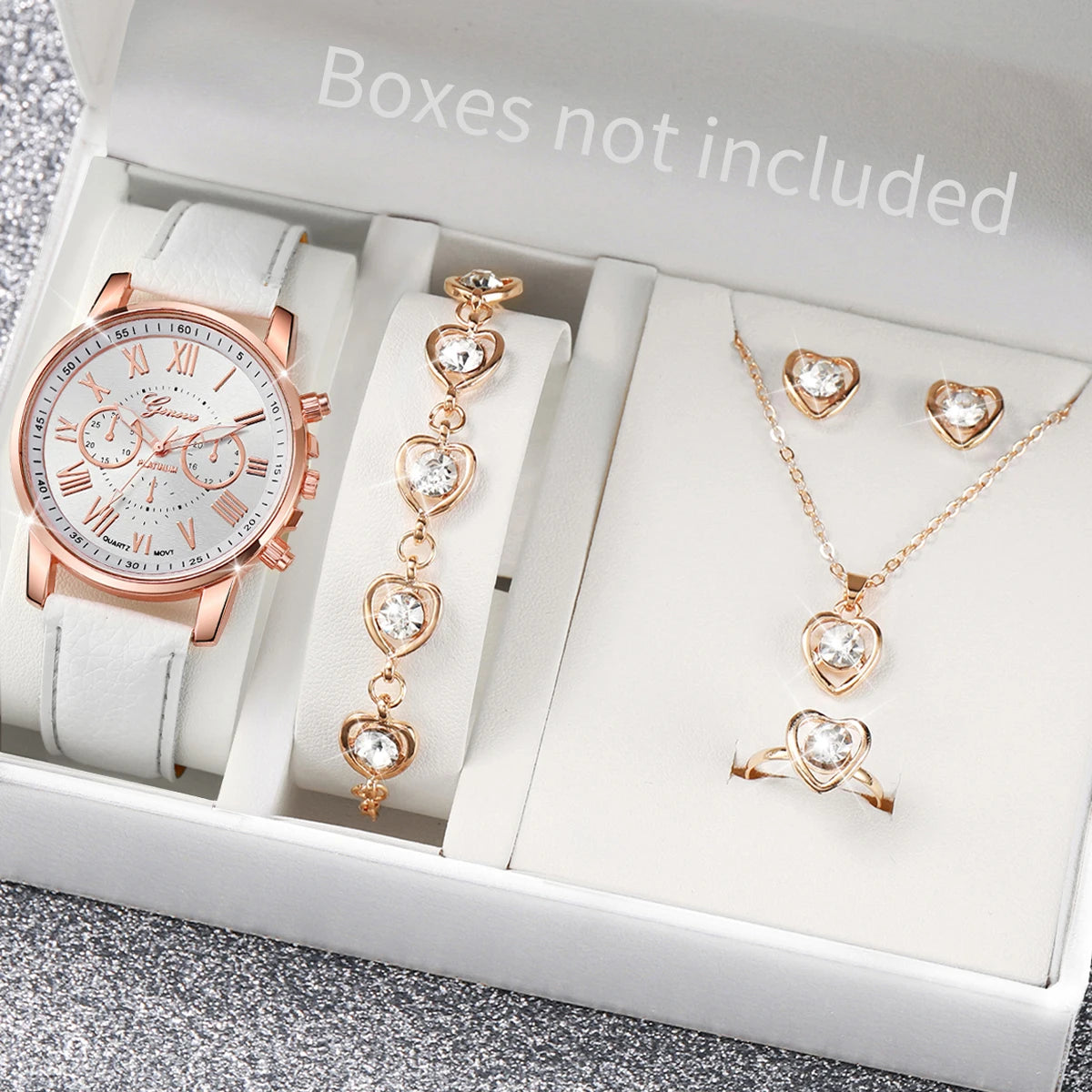 5/6 Stück modische Damen-Quarzuhren mit Lederarmband, analoge Armbanduhren, Herz-Strass-Schmuckset (ohne Box)