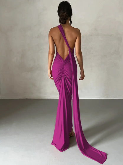 Hugcitar One Shoulder Backless Adjustable Scarf Loop Rüschen Sexy Maxikleid Damen Elegant Y2K Streetwear Festival Outfit