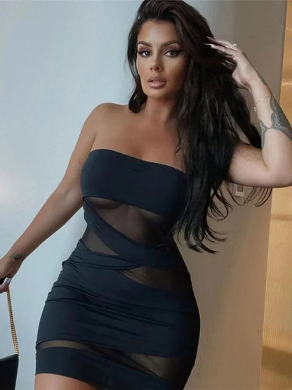 Schräghals Schwarz Vestidos De Mujer Mini Y2k Kleidung Sexi Nachtkleid Hot Club Outfits Mesh Durchsichtiges Bodycon Kleid Für Damen