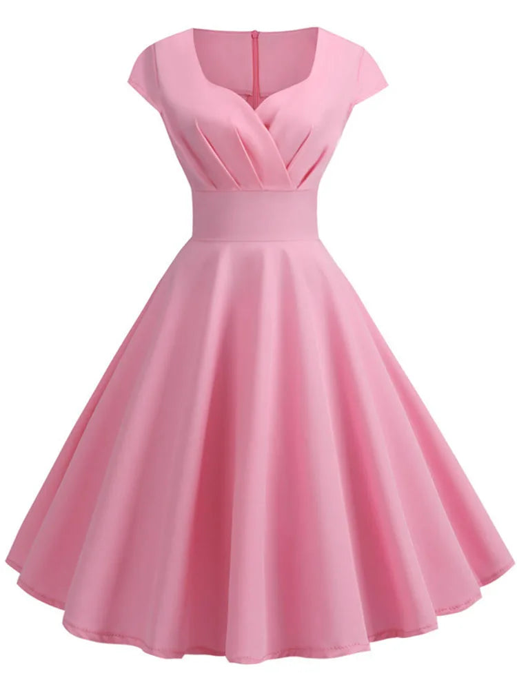 Pinkes Sommerkleid Damen V-Ausschnitt Vintage Robe Elegant Retro Pin Up Party Büro Midikleider