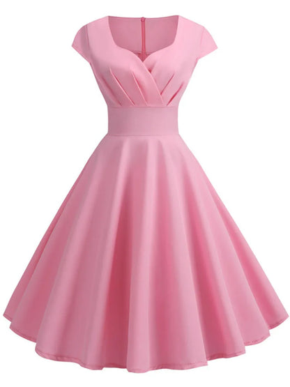 Pinkes Sommerkleid Damen V-Ausschnitt Vintage Robe Elegant Retro Pin Up Party Büro Midikleider