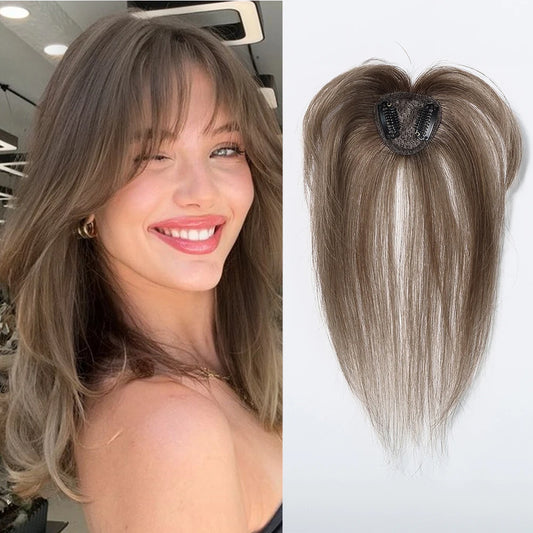 100% Remy Human Hair Toppers with Bangs Light Brown Hairpieces 3D Wispy Bangs for Women Thin Hair Real Human Hair Topper Clip In