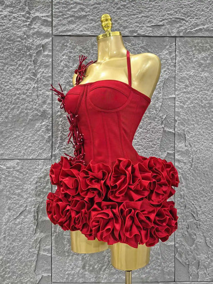 Rotes Damen Sexy Neckholder Komplett Blumenmuster 2-Teiler Bodycon Mini Bandage Kleid zum Feiern, für Nachtclubs, Partys, Geburtstage
