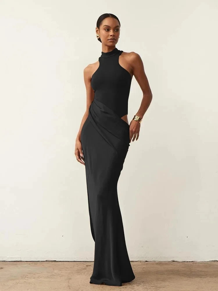 JULISSA MO Satin Sexy Hollow Out Damen Maxikleid Schwarz Ärmellos High Waist Kleid Female Herbst Skinny Elegant Party Clubwear