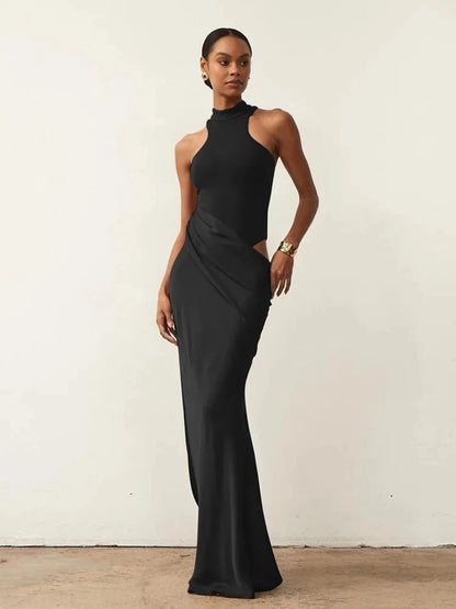 JULISSA MO Satin Sexy Hollow Out Damen Maxikleid Schwarz Ärmellos High Waist Kleid Female Herbst Skinny Elegant Party Clubwear