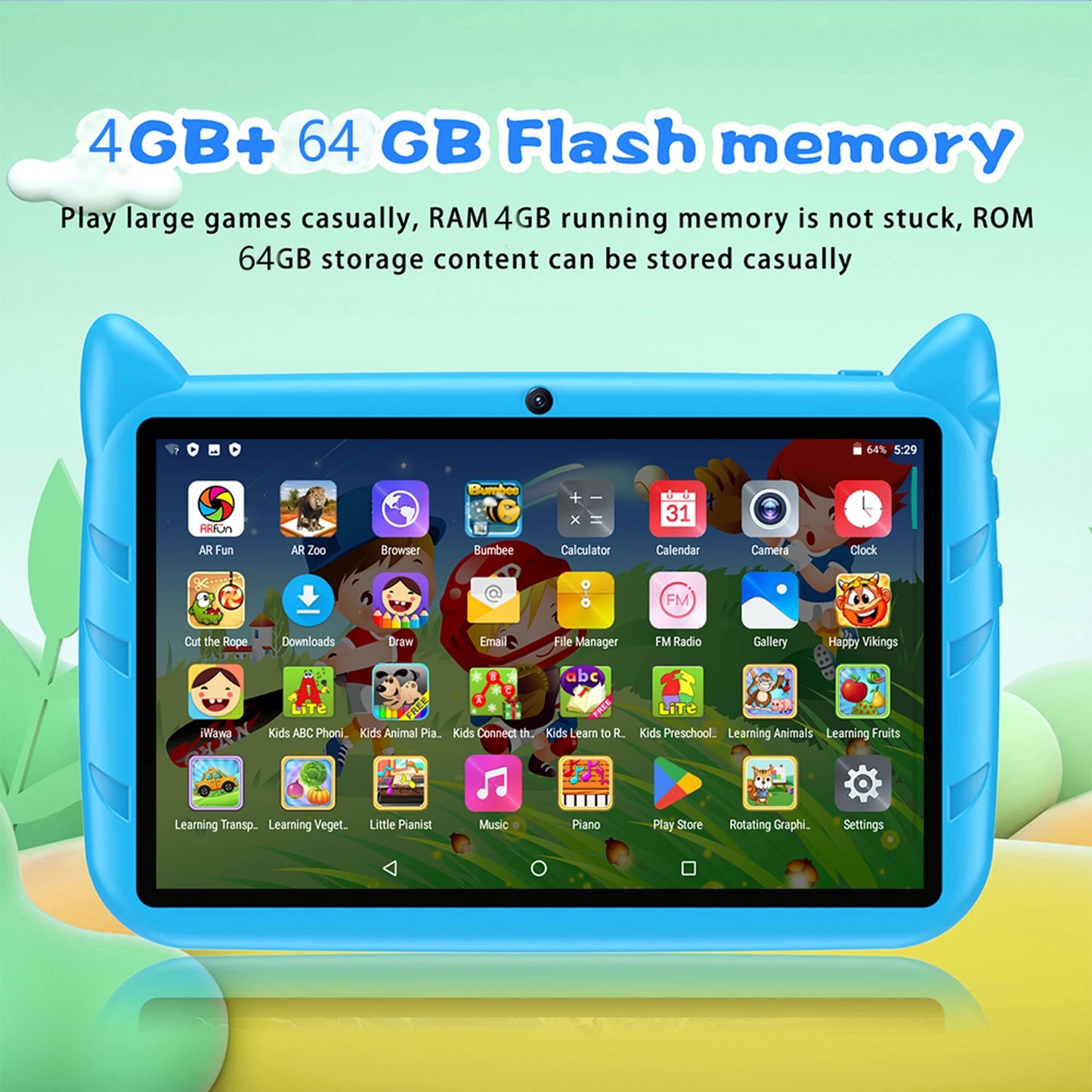 New 7" Kids Tablet with Cartoon Pattern Quad Core 4GB+64GB ROM Bluetooth 5G WiFi Learning Education Game Children's Gift
