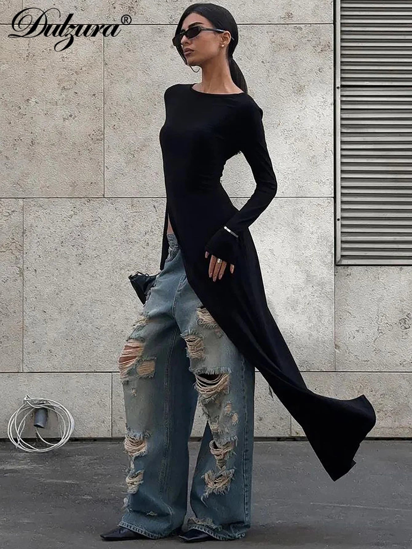 Dulzura Langarm Maxikleid mit hohem Seitenschlitz, einfarbig, sexy langes Kleid für Damen, Party, Club, Streetwear, Herbst-Winter-Outfit
