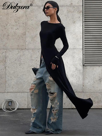 Dulzura Langarm Maxikleid mit hohem Seitenschlitz, einfarbig, sexy langes Kleid für Damen, Party, Club, Streetwear, Herbst-Winter-Outfit