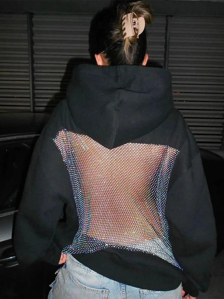 Sisterlinda Hooded Harajuku Sweatshirt Women Autumn Trend Backless ShinyThrea Mesh Patchwork Casual Street Hipster Pulloverr