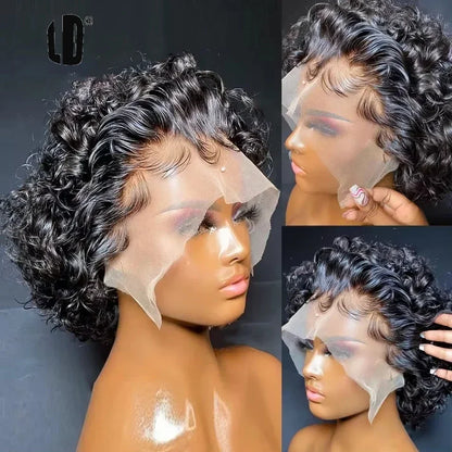 Brazilian Human Hair Wig  Curly Pixie Bob Short Preplucked Hairline 13X1 Hd Lace Front Bob Water Wave Wig